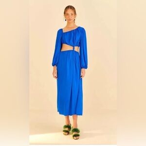 Farm Rio Blue Satin Long Sleeve Cut Out Knot Royal Blue Midi Dress Sz Small NWT